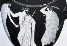 Greek vase depicting the Tyrannicides, Harmodius and Aristogeiton, killing Pisistratus' son Hipparchus (click to see larger image)