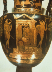 Greek vase depicting a scene from a tragedy about Orestes (click to see larger image)