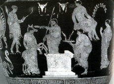 Greek vase depicting a production of Euripides' Iphigenia in Aulis (click to see larger image)