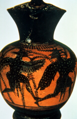 Greek vase depicting comic choristers dressed as birds (click to see larger image)