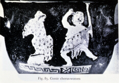 Greek vase depicting comic choristers dressed as women (click to see larger image)