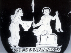 Greek vase depicting a scene from Aristophanes' Thesmophoriazusae (click to see larger image)