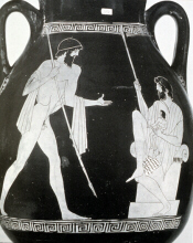 Greek vase depicting Telephus at the altar holding the baby Orestes (click to see larger image)
