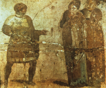Roman Fresco depicting a scene from a comedy in which a slave makes a report to two older female characters (click to see larger image)