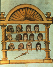 A medieval manuscript depicting cabinet with shelves of comic masks (click to see larger image)