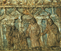 Relief depicting a scene from comedy in which a father and his friend discover his son drunk and revelling (click to see larger image)