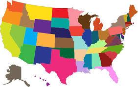 Colorful map of the United States showing each state in a different color. State boundaries are outlined, and Alaska is shown separately in the lower left corner.