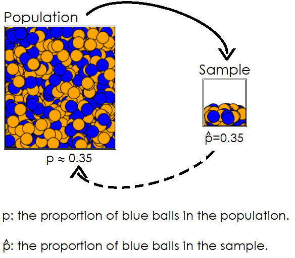 Diagram showing a large box labeled “Population” filled with blue and orange balls, with approximately 35% of them blue. An arrow points to a smaller box labeled “Sample,” also containing blue and orange balls with a similar proportion. Text below indicates p ≈ 0.35 for the population and p-hat = 0.35 for the sample. A dashed arrow loops back from the sample to the population. Additional text explains: “p: the proportion of blue balls in the population. p-hat: the proportion of blue balls in the sample.”