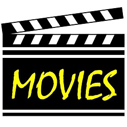 A black and white movie clapperboard with the word “MOVIES” written in large yellow letters across the front.