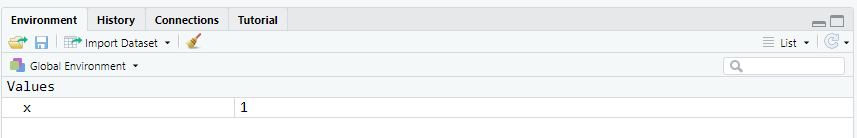 Screenshot of a software interface showing tabs labeled Environment, History, Connections, and Tutorial. The Global Environment panel is open, displaying a Values section where the variable “x” has a value of 1.