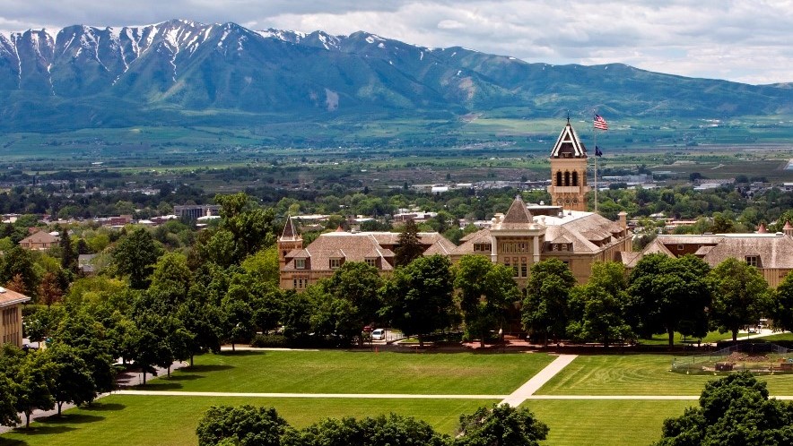 Old Main at USU looking over Cache Valley