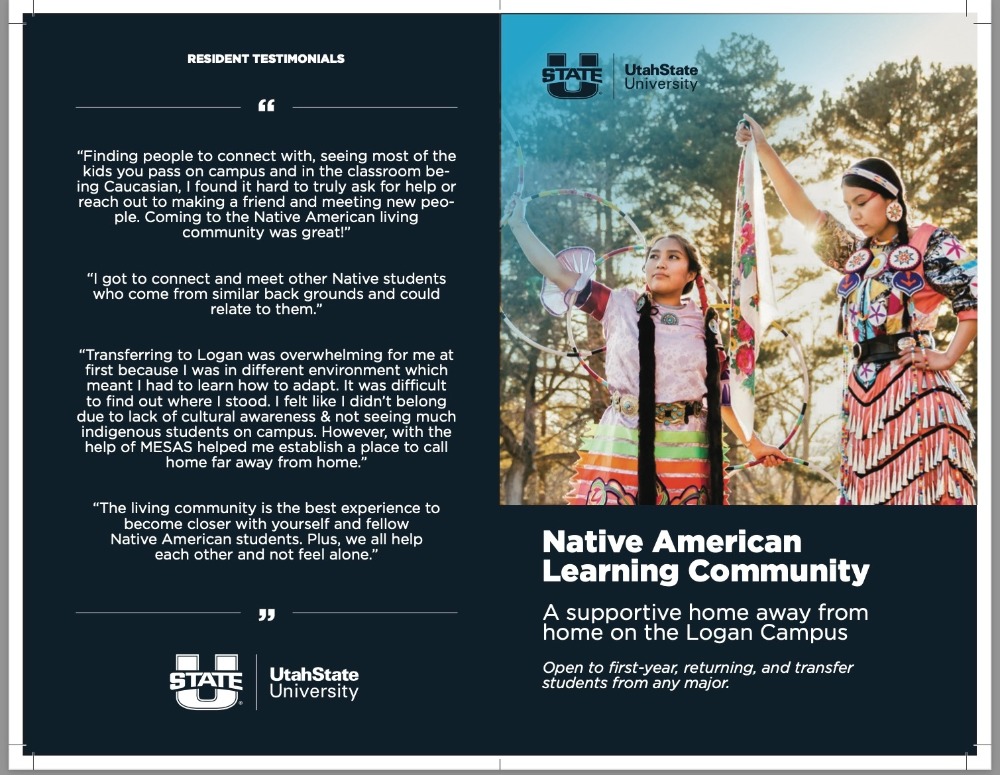 Native American Learning Community: A supportive home away from home on the Logan Campus flier. Open to first-year, returning, and transfer students from any major. Also includes Native American students performing a dance