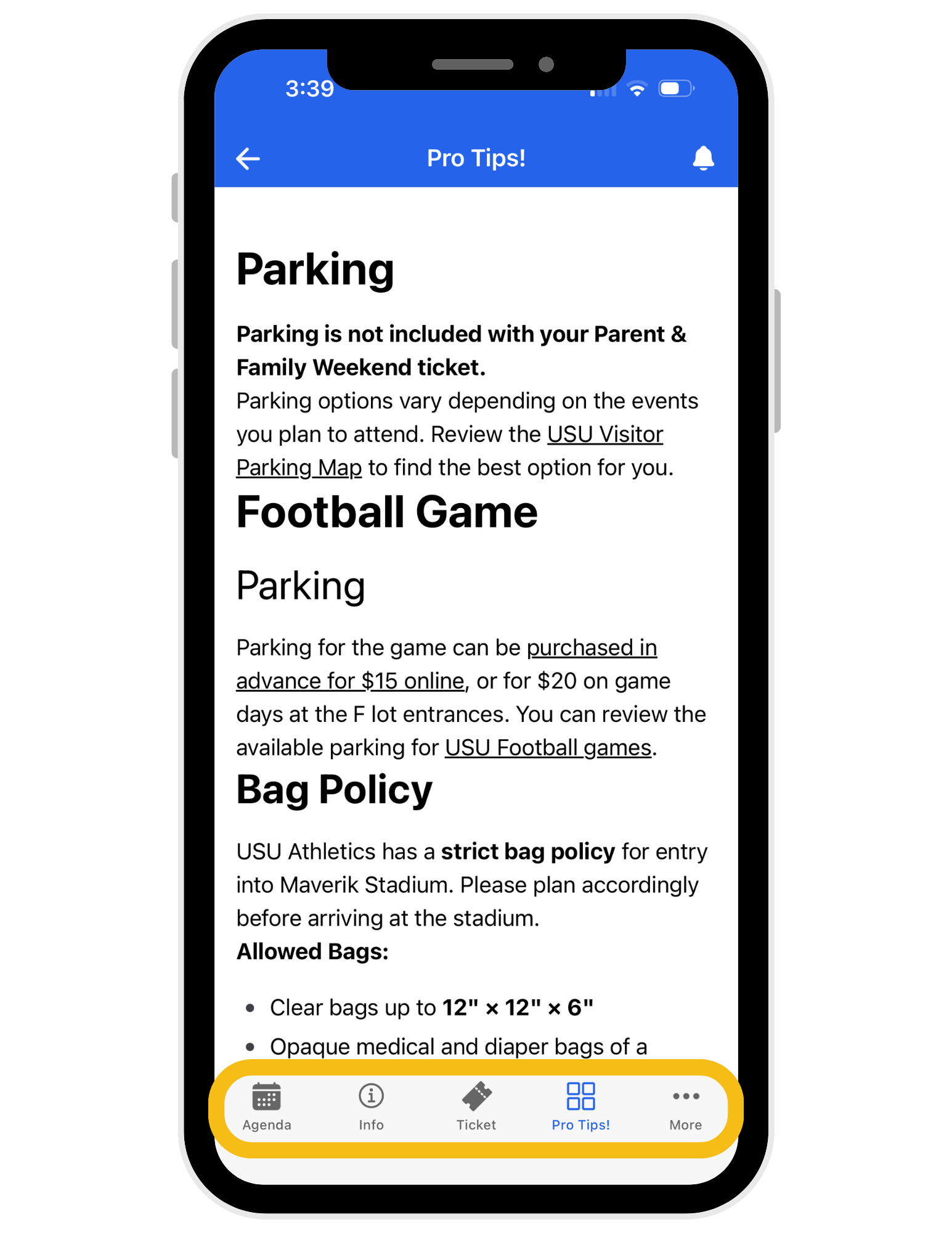 Screen showing where to find the pro-tips for the app.