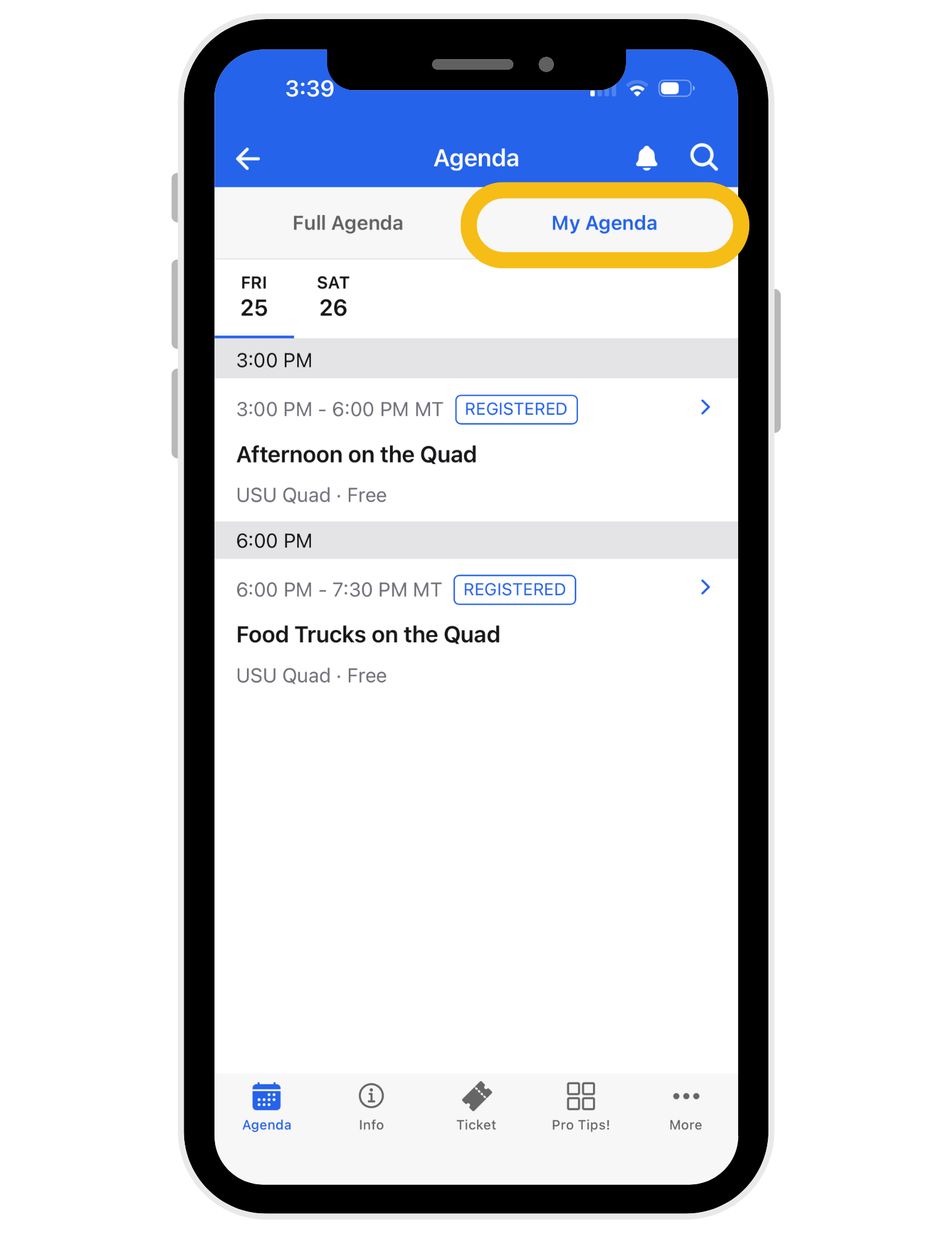 Screen showing where you can view your agenda