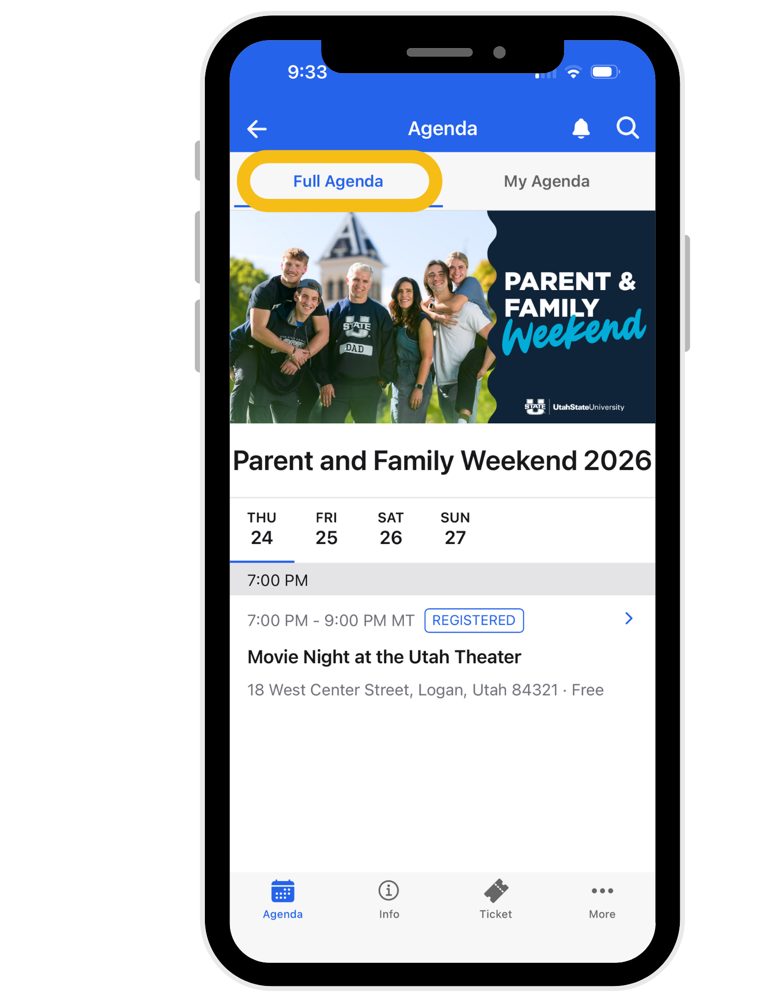 Screen showing where to see the Full Agenda in the app