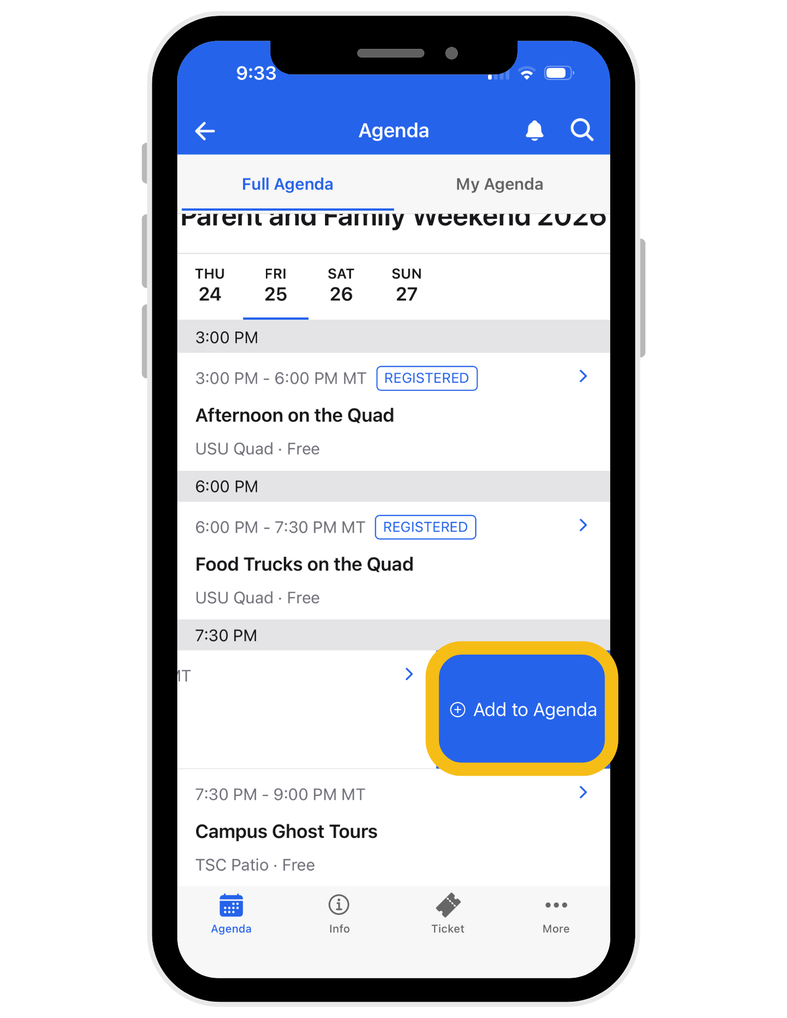 Screen showing where to see more events to your agenda