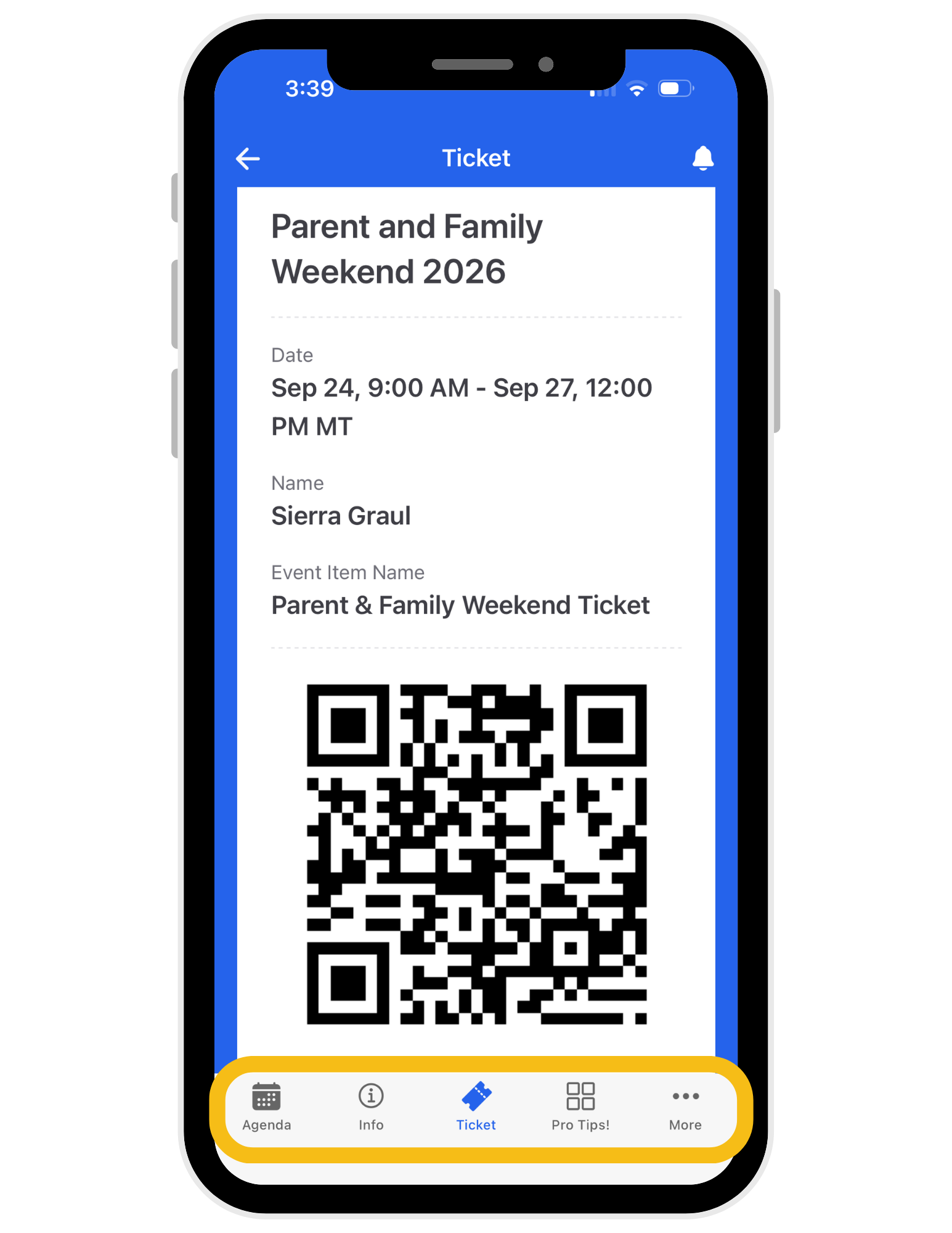 Screen showing the QR code for the event.