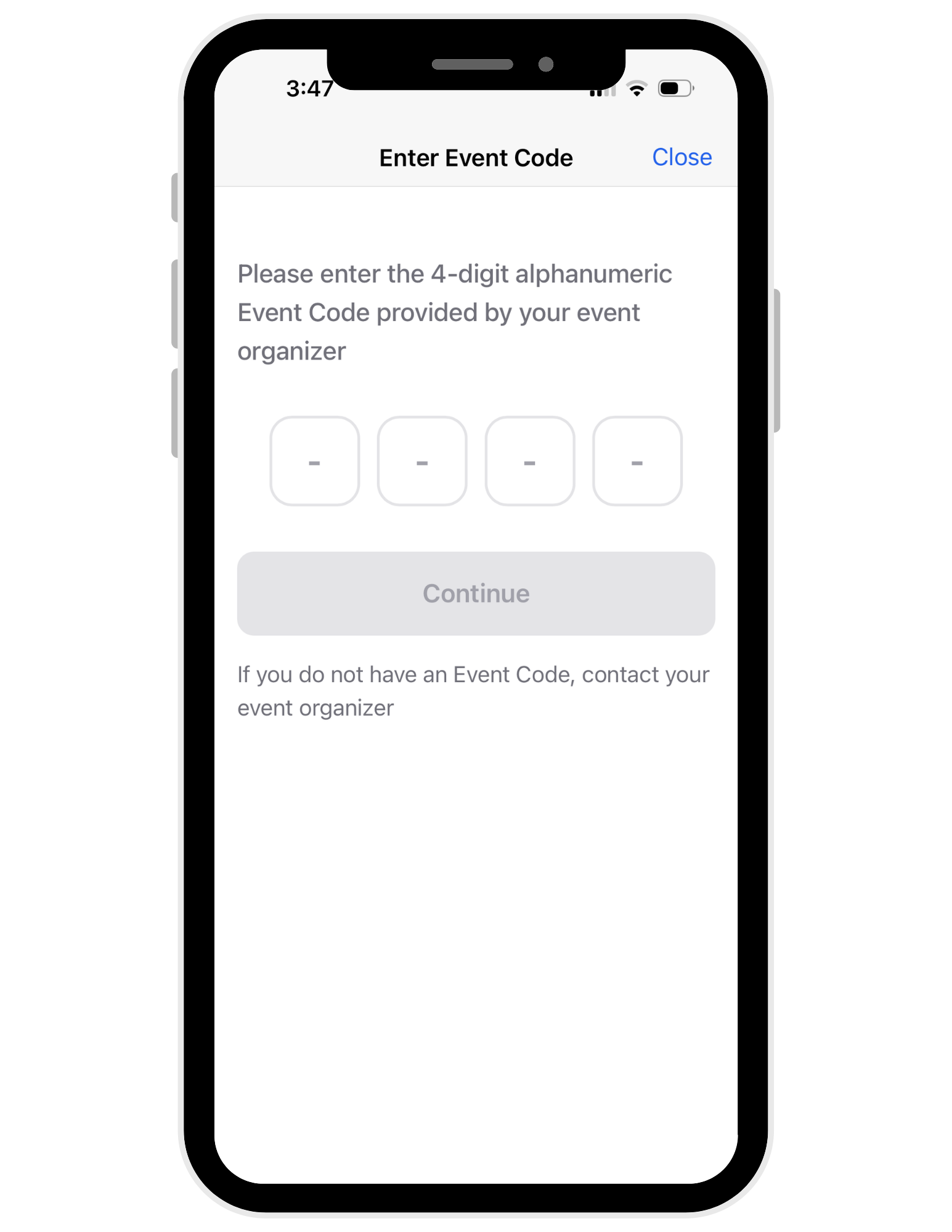 Screen showing where to enter your code