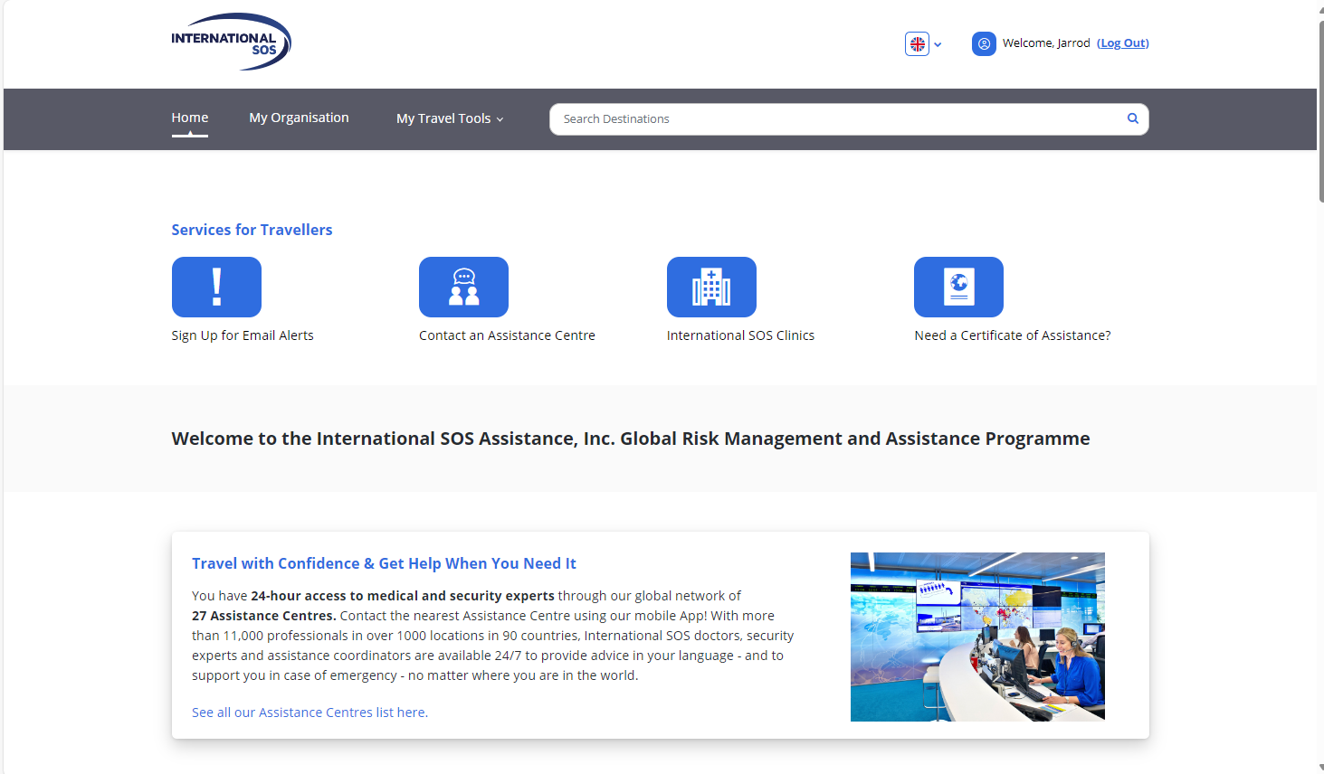 A screenshot of the International SOS portal homepage