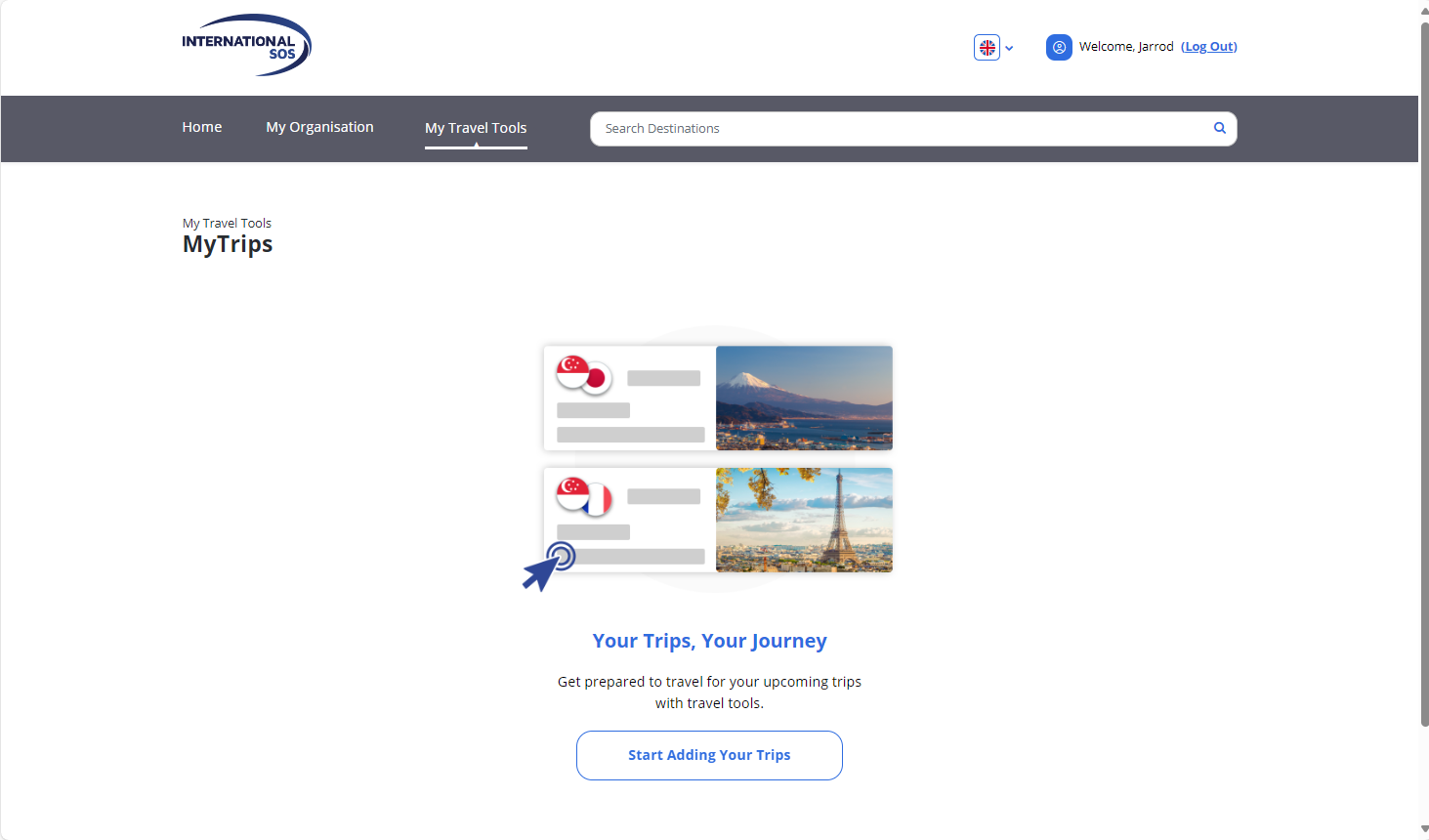 A screenshot of the My Trips page, which features a graphic, text, and Start Adding Your Trips button in the center of the page