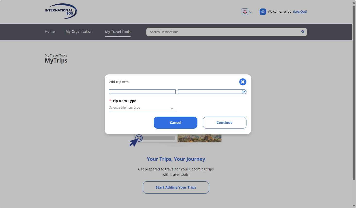 A screenshot of a modal box at the center of the screen titled Add Trip Item, which displays two empty progress bars, a Trip Item Type dropdown option, and Cancel and Continue buttons