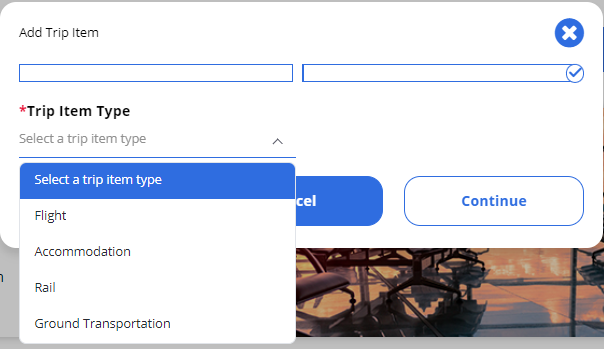 A close-up screenshot of the Add Trip Item modal with the Trip Item Type dropdown expanded, showing selectable options Flight, Accomodation, Rail, and Ground Transportation