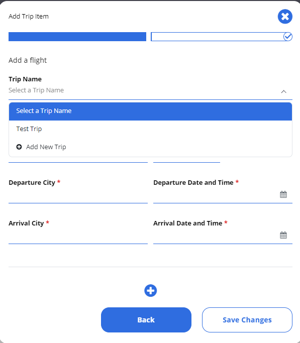 A close-up of the Add Trip Item modal on a successive step on which the first of two progress bars is filled in. A Trip Name dropdown is expanded to reveal the options Test Trip and + Add New Trip