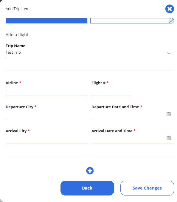 A close-up of the Add Trip Item modal on a successive step on which the first of two progress bars is filled in. Input fields relating to flight information are visible: Airline, Flight #, Departure City, Departure Date and Time, Arrival City, and Arrival Date and Time