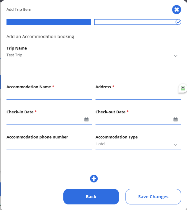 A close-up of the Add Trip Item modal on a successive step on which the first of two progress bars is filled in. Input fields relating to accomodation information are visible: Accomodation Name, Address, Check-in Date, Check-out Date, Accomodation phone number, and Accomodation Type