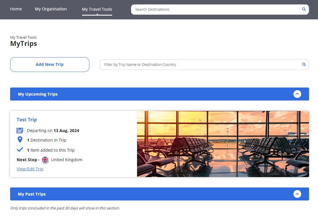 A screenshot of the My Trips page, on which a card titled Test Trip is present under the heading My Upcoming Trips. The Test Trip card includes departure, destination, and other information related to a recorded trip
