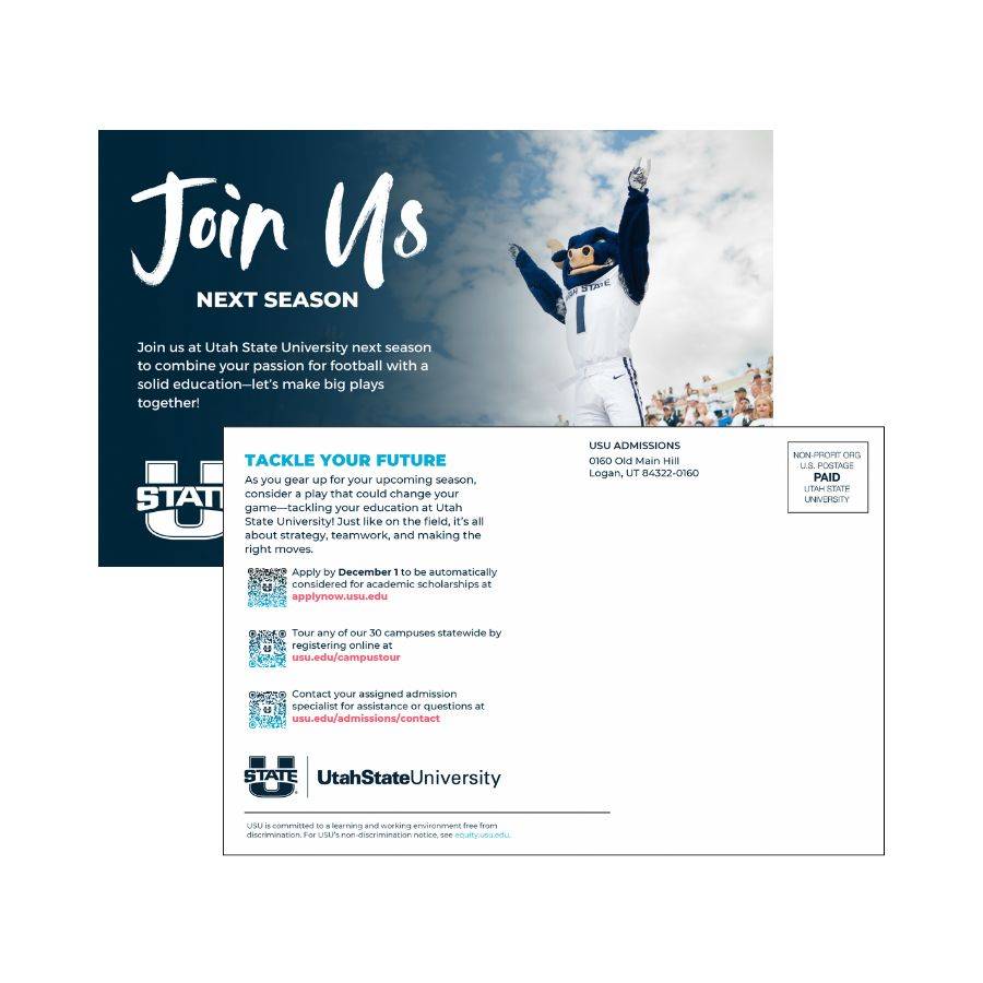 Football player recruitment postcard with Big Blue mascot on the front.