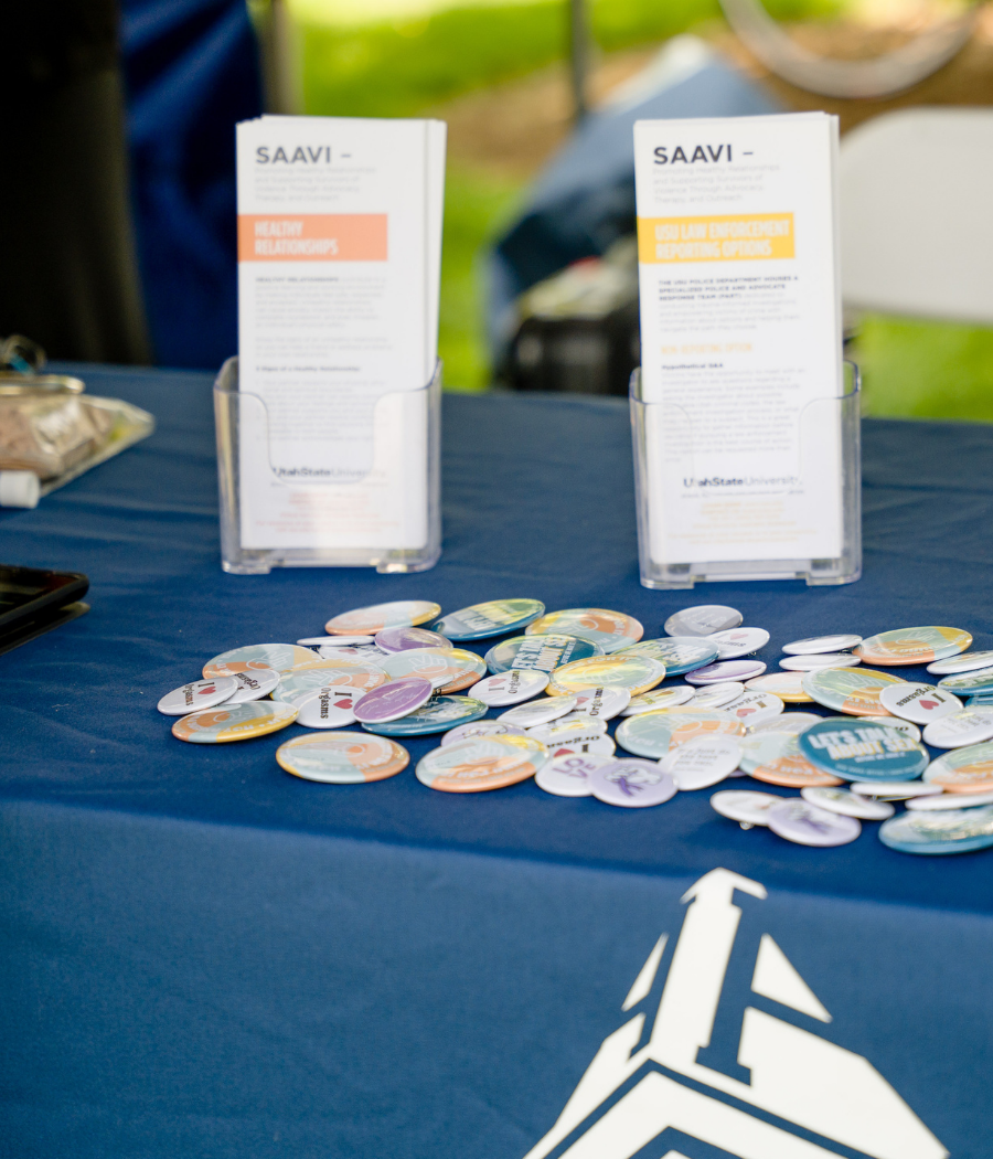 Table featuring handouts with SAAVI across the front and swag pins below