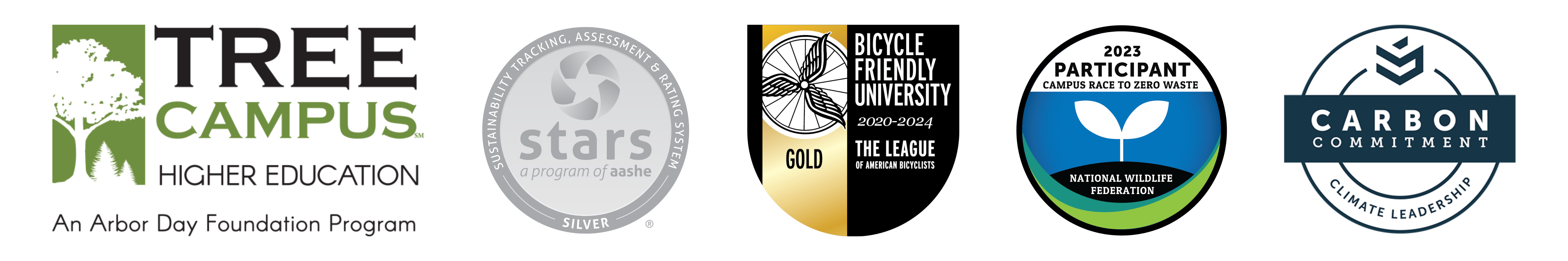 logos and badges for Tree Campus, stars, Bicycle Friendly University, National Wildlife Federation, and Carbon Commitment