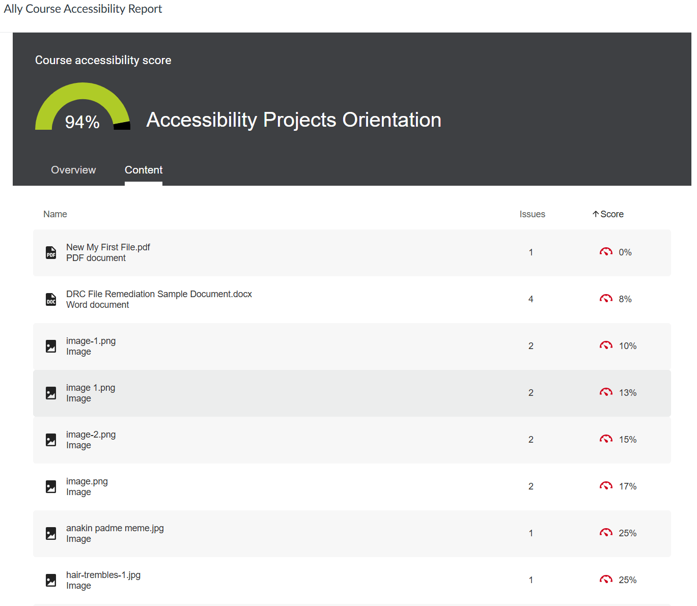 An Ally Course Accessibility Report for the course “Accessibility Projects Orientation,” showing a 94% overall course accessibility score. A list of course files is displayed with their names, types, number of accessibility issues, and scores.
