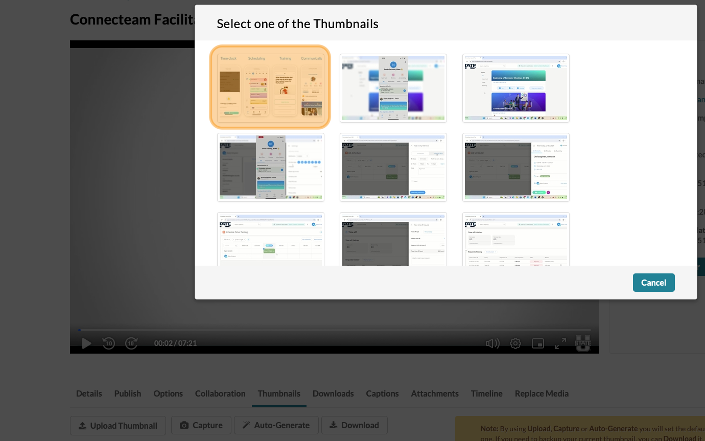 A pop up window showing several frames captured from the video. The first frame is highlighted in orange. 