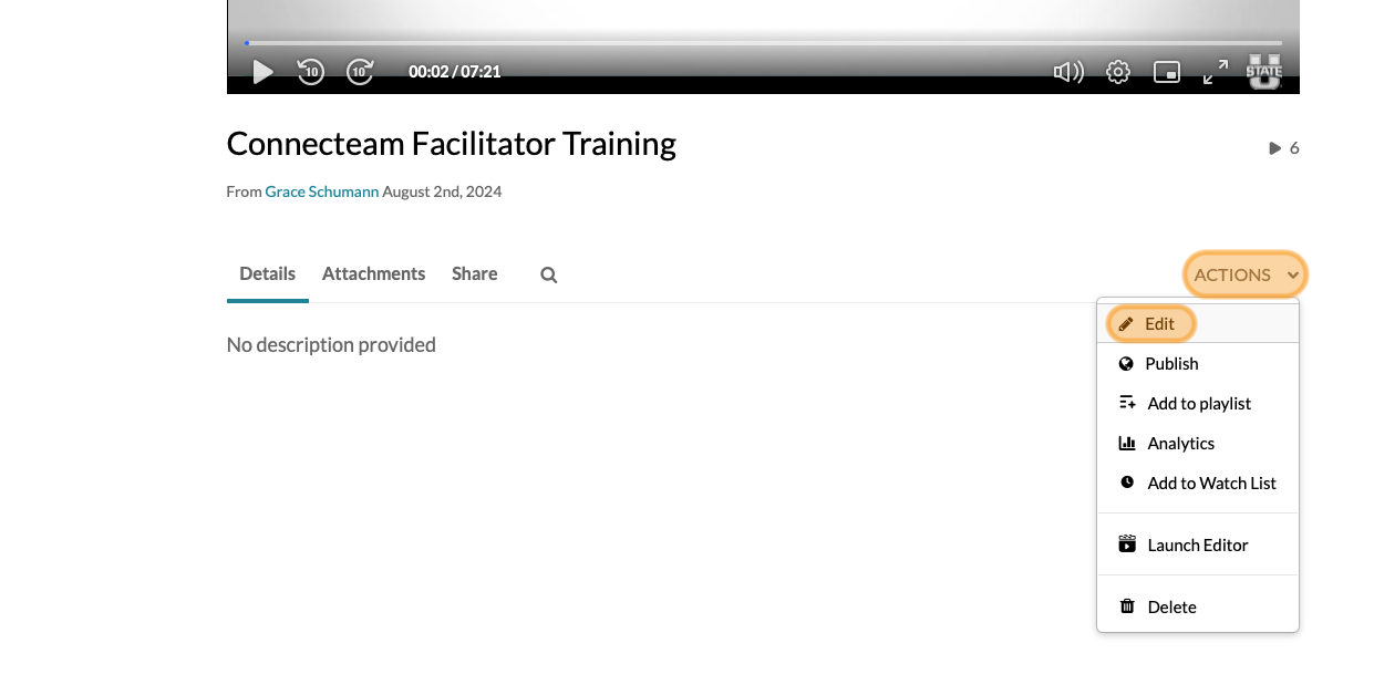 A menu tab labelled actions highlighted in orange.  A sub menu item labelled Edit highlighted in orange below it. 