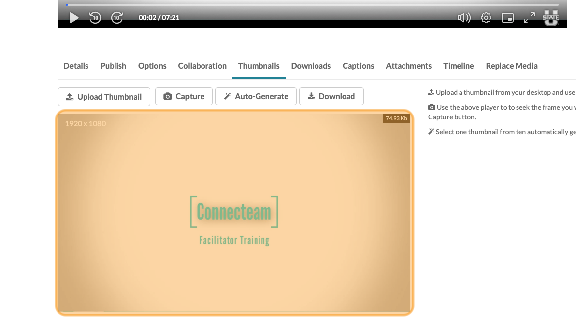 An frame from the video captured as an image below the video. Highlighted in orange. 
