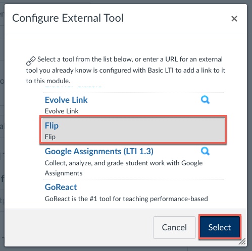Configure External Tool pop-up with Flip highlighted