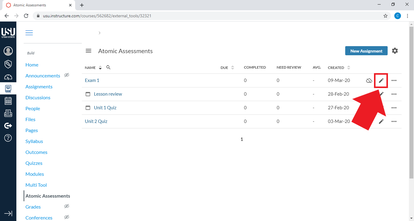 Arrow pointing at the pencil icon of an assignment row in Atomic Assessments.