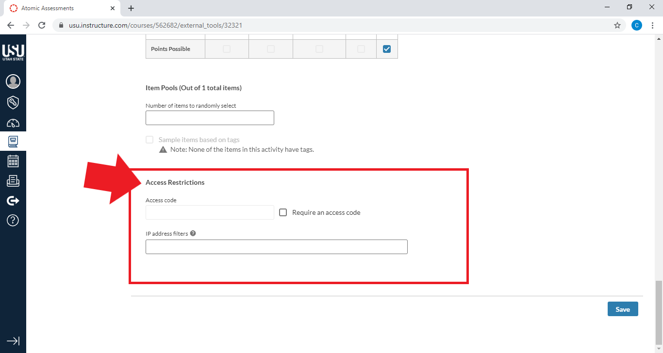 Arrow pointing at Access Restrictions section.