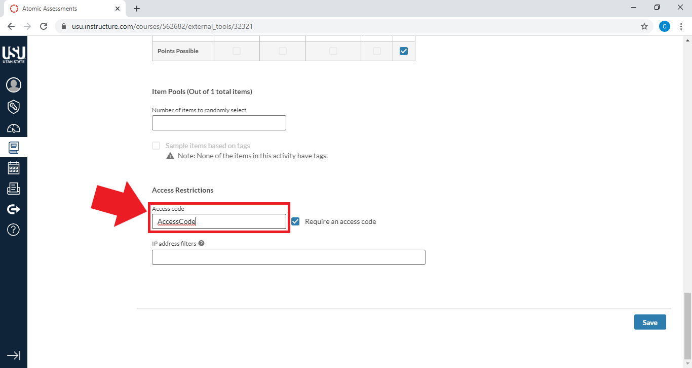 Arrow pointing at Access code field.