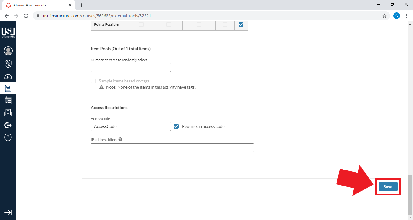 Arrow pointing at blue Save button in bottom-right corner.
