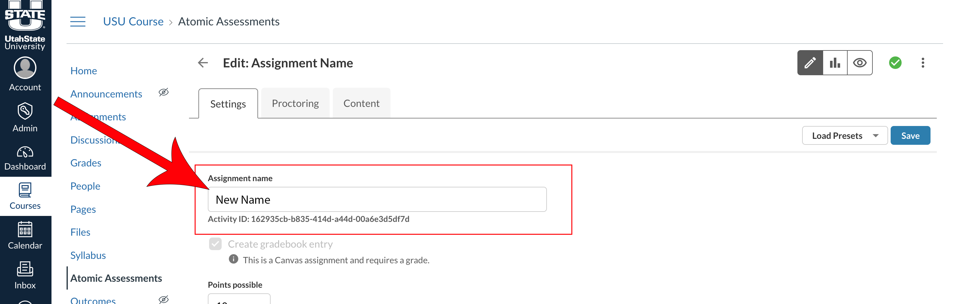 Arrow pointing at the name field.