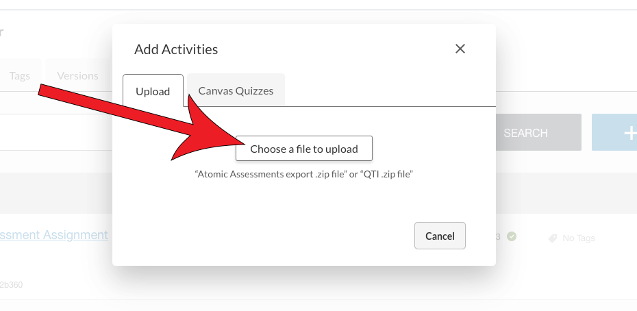 Arrow pointing at Choose a file to upload button.