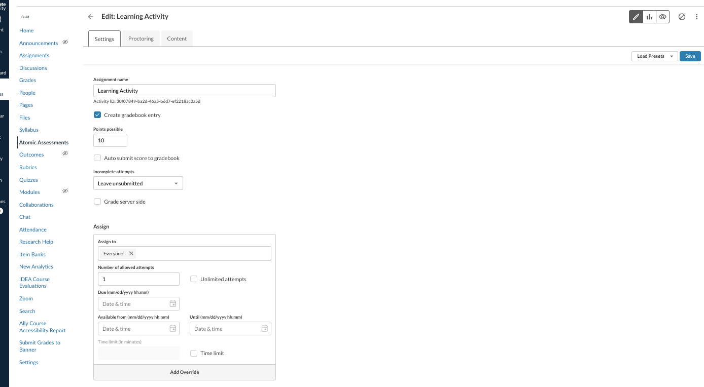 Preview of the settings for an Atomic Assessments assignment.