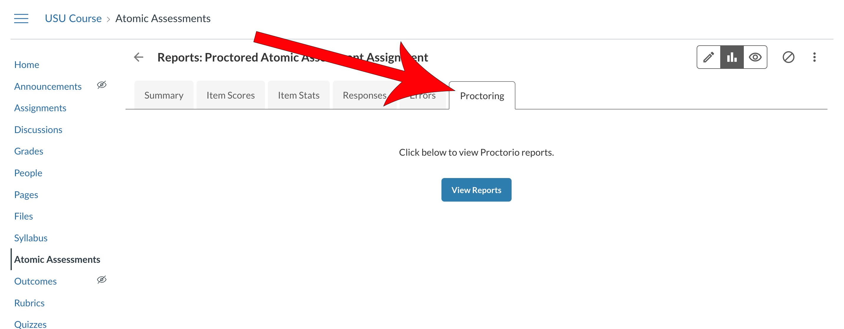 Arrow pointing at the Proctoring tab