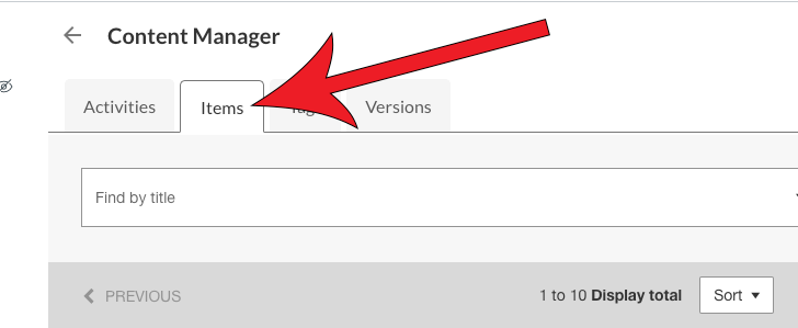 Arrow pointing at Items tab.