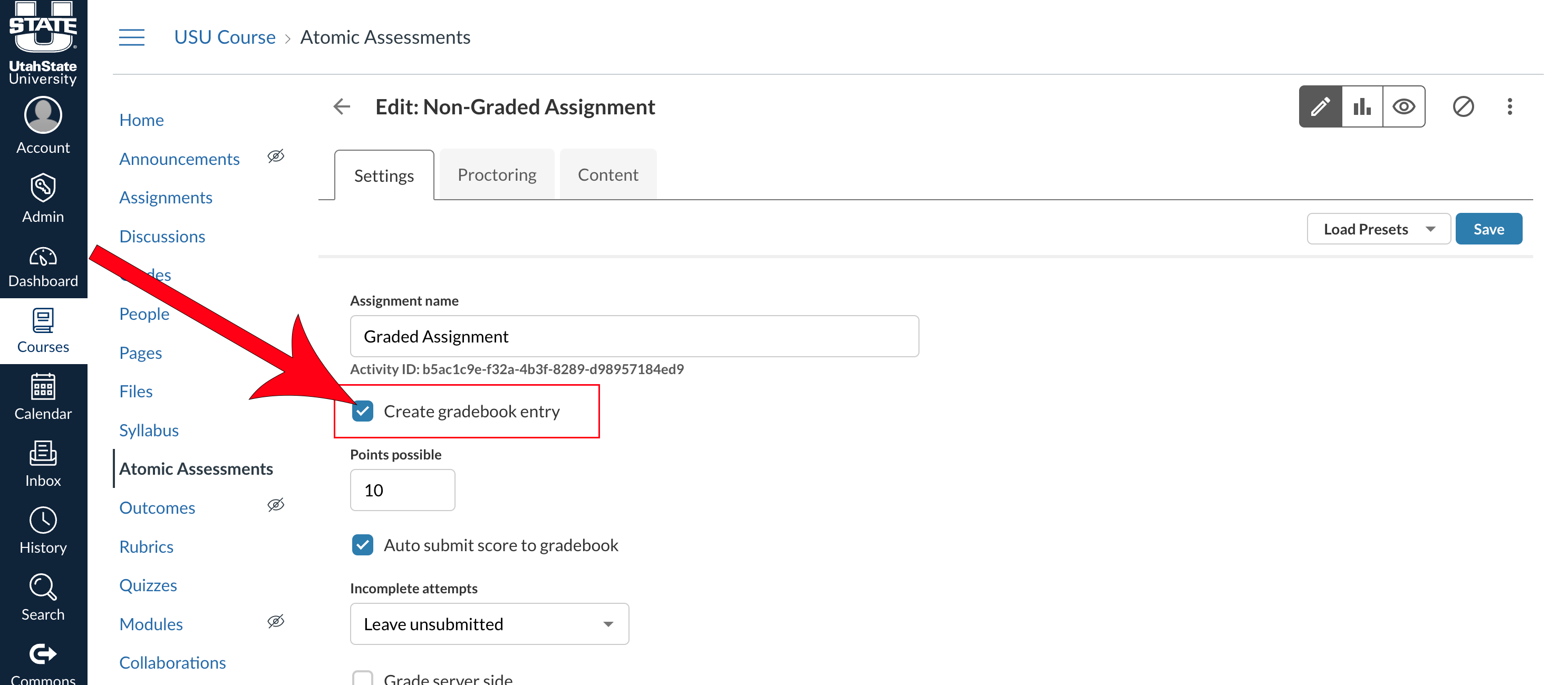 Arrow pointing at highlighted setting "Create gradebook entry"