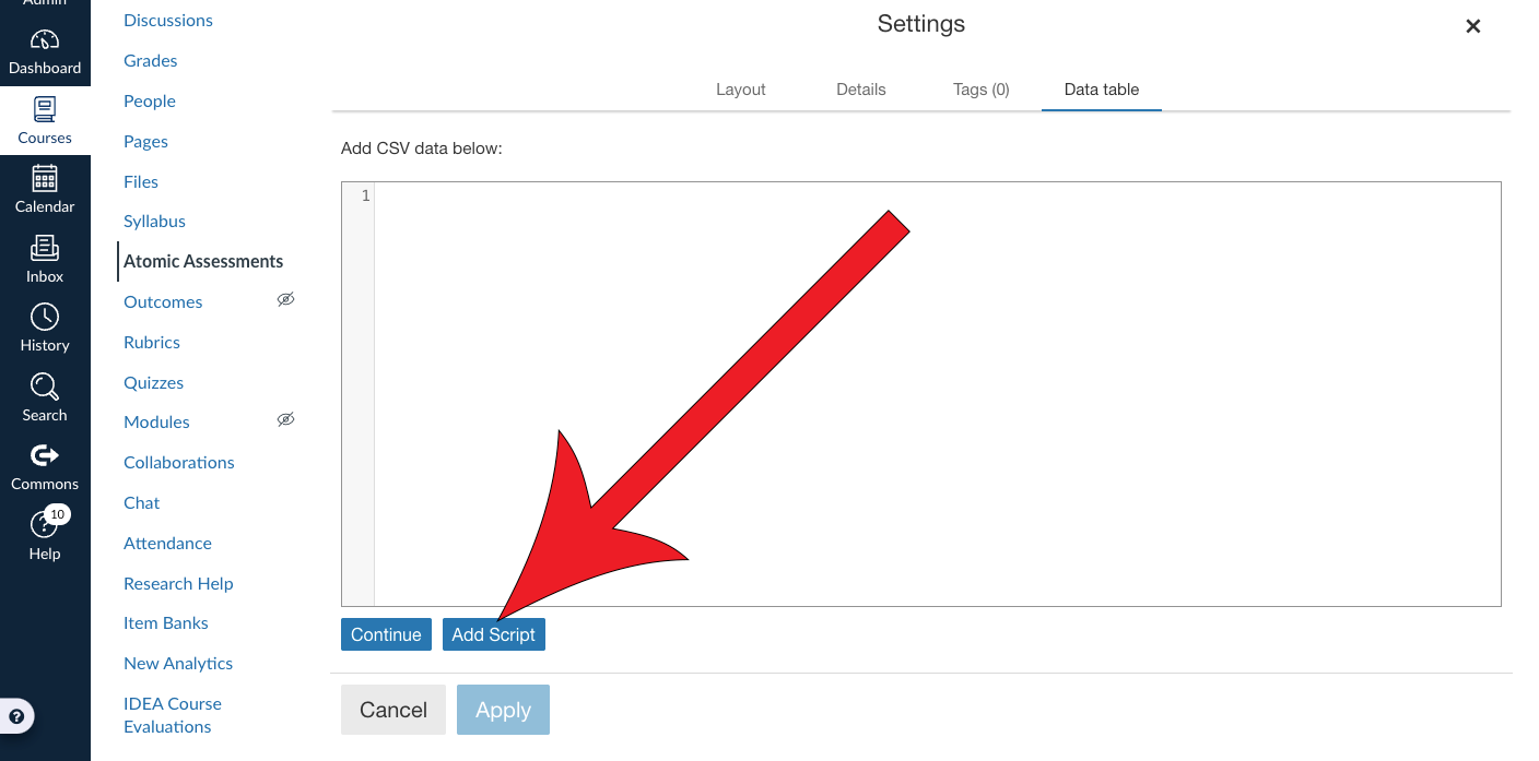 Arrow pointing at Add Script button.