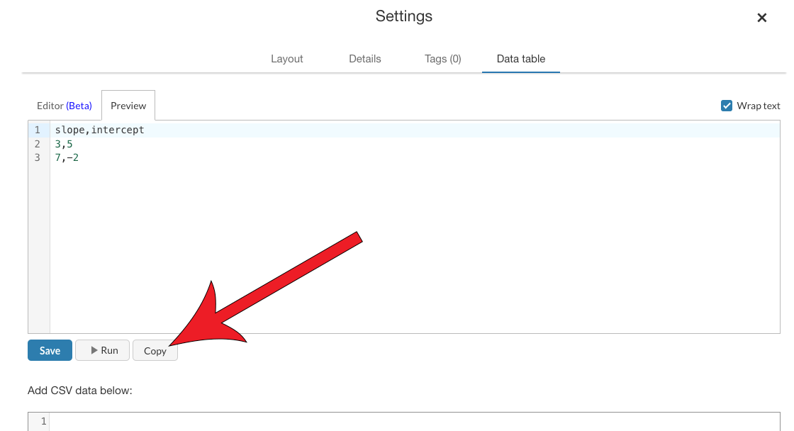 Arrow pointing at Copy button found below the script preview field.